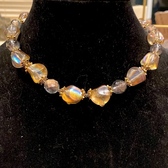 Topaz Iridescent Glass Necklace With Gold Tone Findings Very Chunky and Pretty - Picture 1 of 6